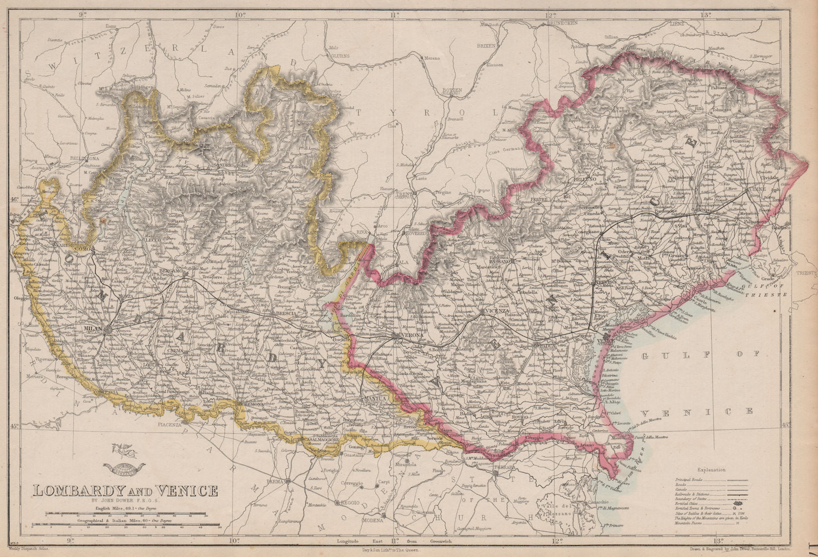 'LOMBARDY & VENICE' Austrian Kingdom of Lombardy-Venetia. Italy. DOWER 1862 map